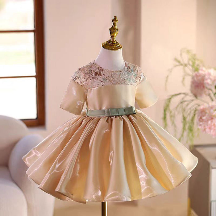 Elegant Applique Satin Flower Girl Dress With Bow Short Sleeve J503