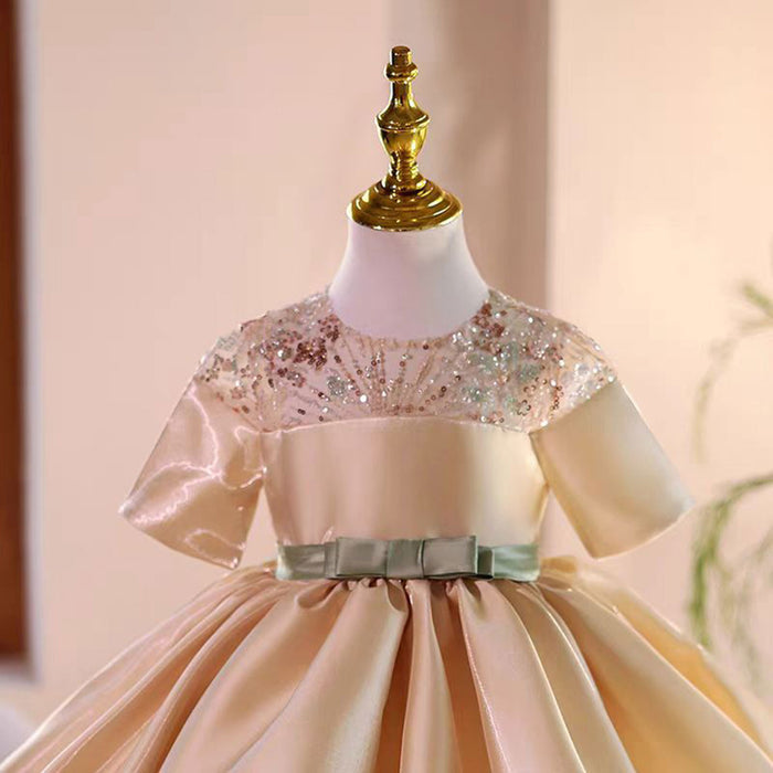Elegant Applique Satin Flower Girl Dress With Bow Short Sleeve J503