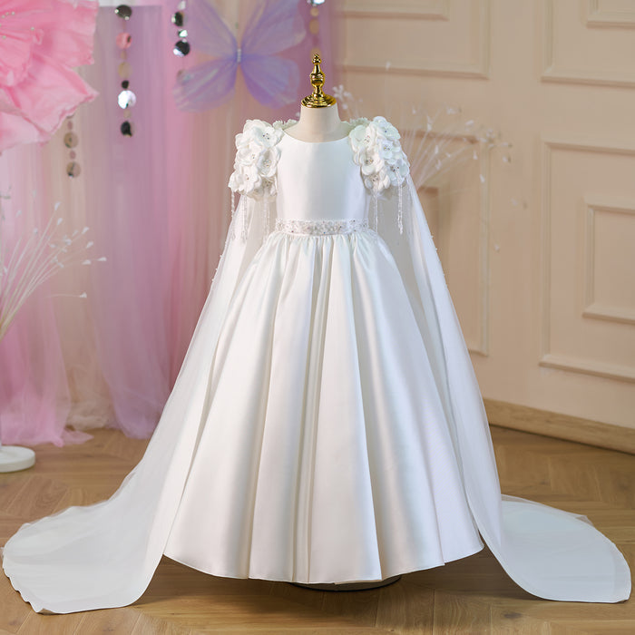 Elegant Applique Stain Princess Girl Dress With Cape White J253