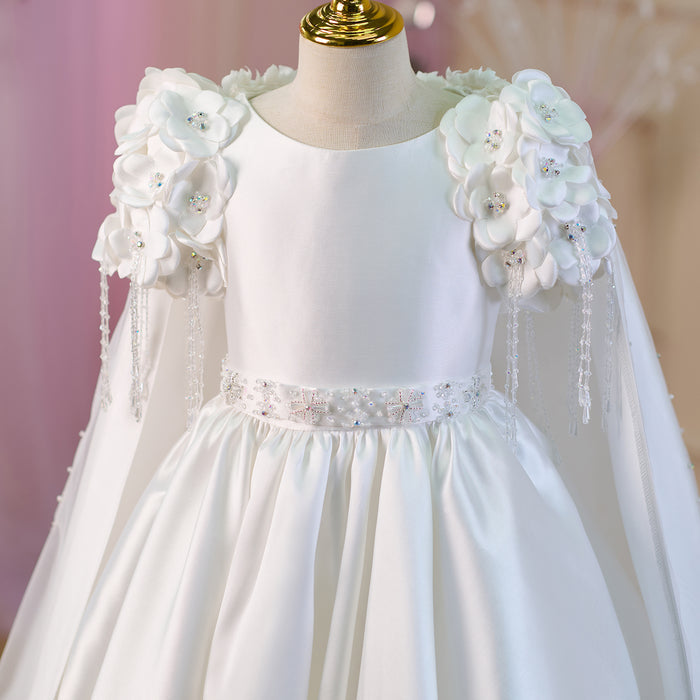 Elegant Applique Stain Princess Girl Dress With Cape White J253