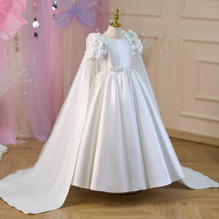 Elegant Applique Stain Princess Girl Dress With Cape White J253