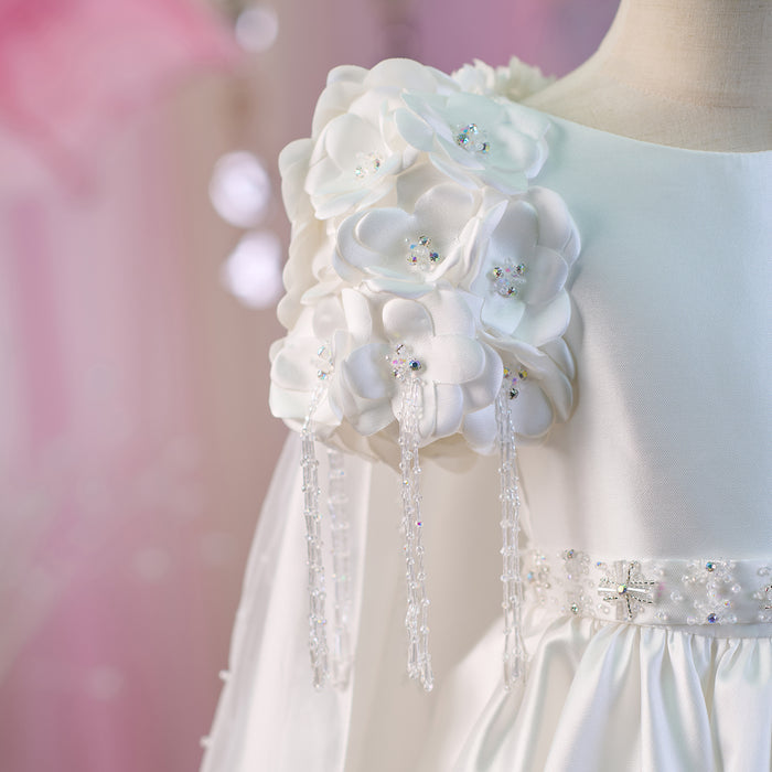 Elegant Applique Stain Princess Girl Dress With Cape White J253