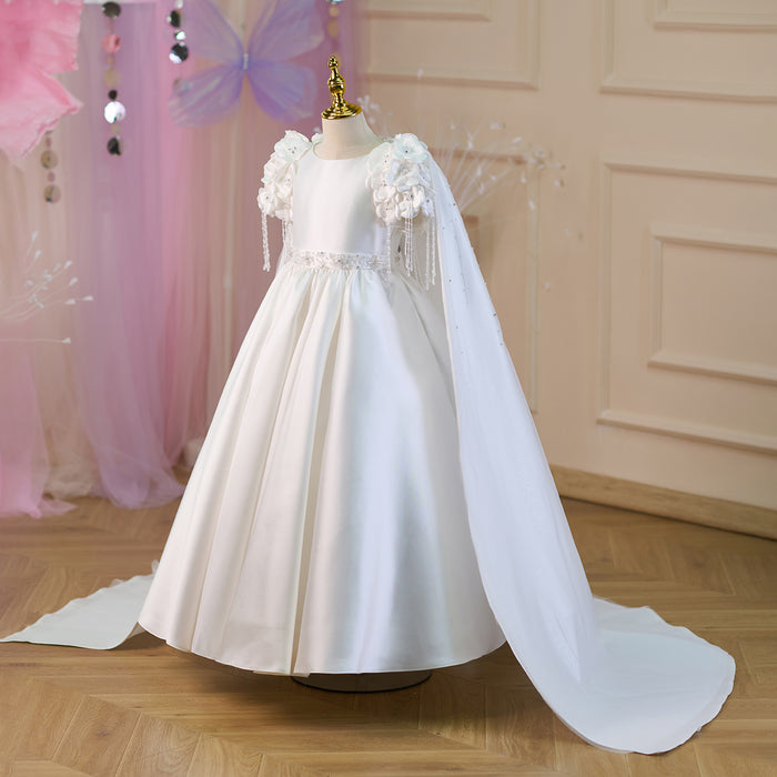 Elegant Applique Stain Princess Girl Dress With Cape White J253