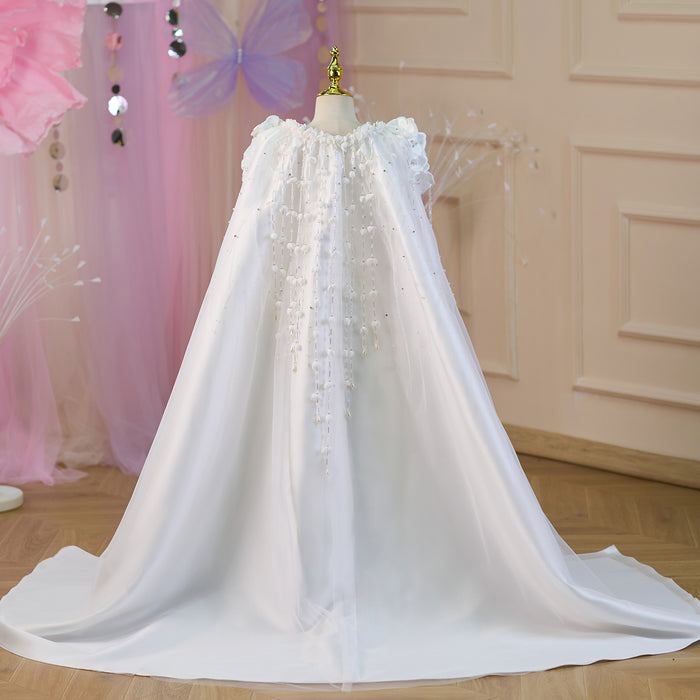 Elegant Applique Stain Princess Girl Dress With Cape White J253