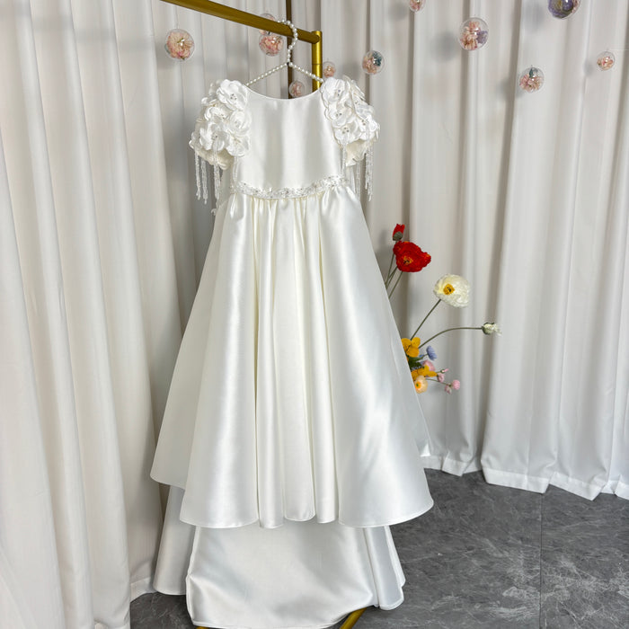 Elegant Applique Stain Princess Girl Dress With Cape White J253
