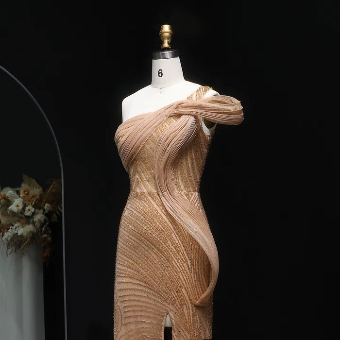 Elegant Beaded Slit Evening Dress with Sparkling Crystals SS088