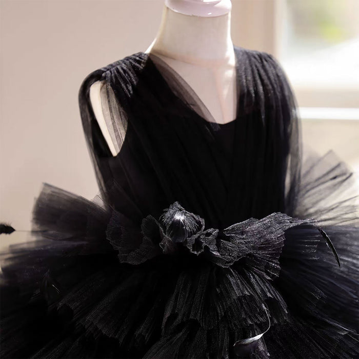 Elegant Black Flower Girl Dress with Feather Details Fluffy Long Skirt D139