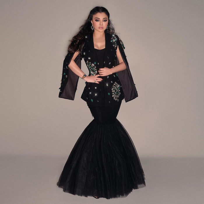Elegant Black Rhinestone Evening Dress with Jacket SS561
