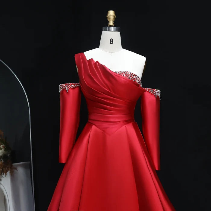 Elegant Black Satin Crystal One Shoulder Evening Dress SF272