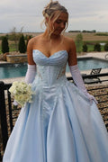Elegant Blue A-Line Strapless V-Neck Empire-Waist Prom Dress with Appliques