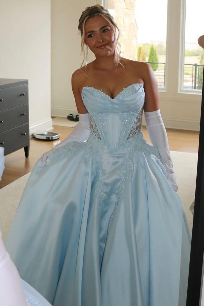 Elegant Blue A-Line Strapless V-Neck Empire-Waist Prom Dress with Appliques
