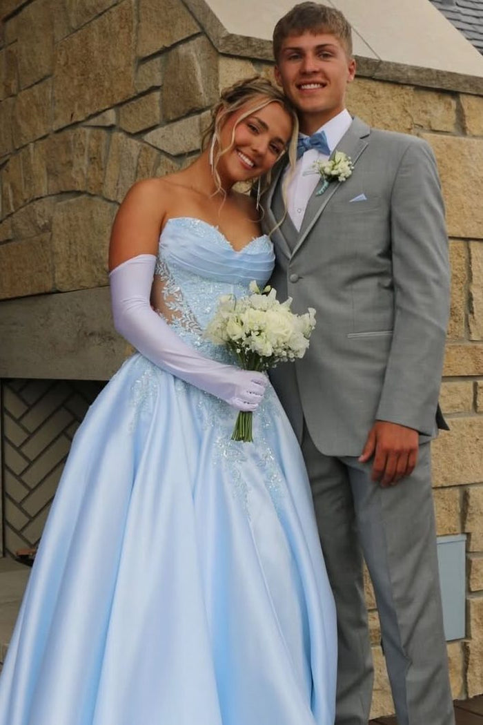 Elegant Blue A-Line Strapless V-Neck Empire-Waist Prom Dress with Appliques