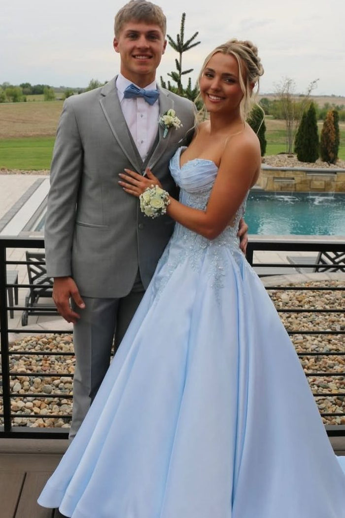 Elegant Blue A-Line Strapless V-Neck Empire-Waist Prom Dress with Appliques