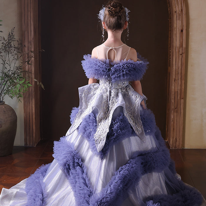 Elegant Blue Beaded Princess Dress for Birthday Pageant J325