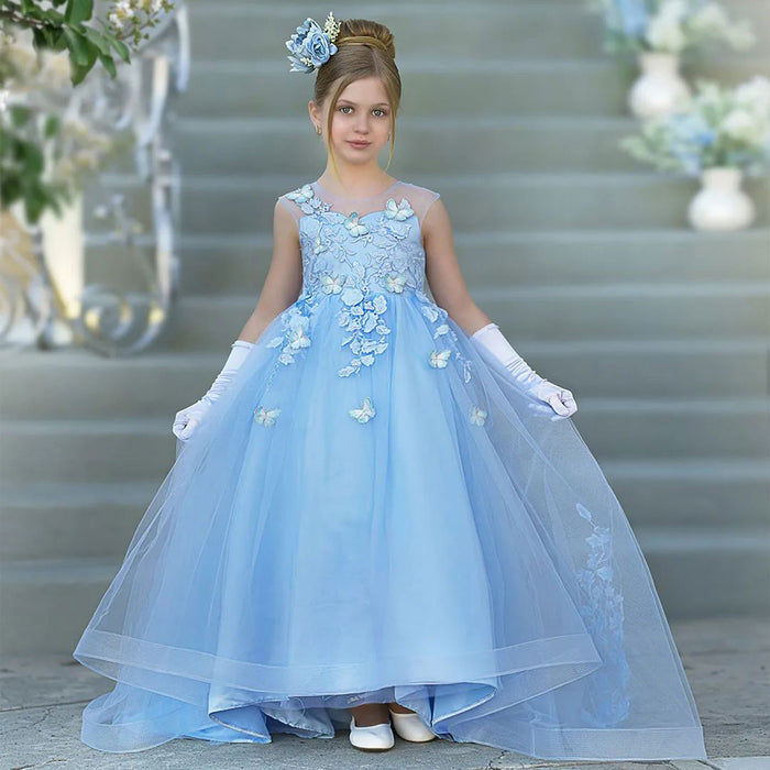 Elegant Blue Girl Dress with Butterfly for Birthday Wedding Party J021