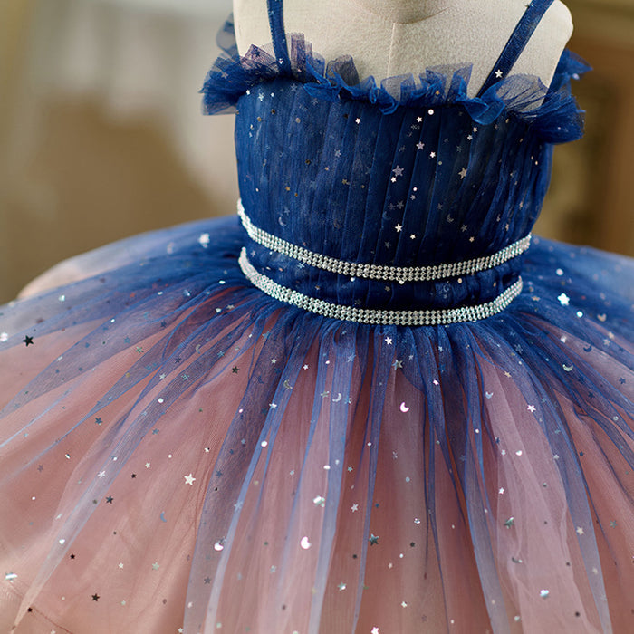 Elegant Blue Knee Length Birthday Wedding Party Flower Girl Dress D159