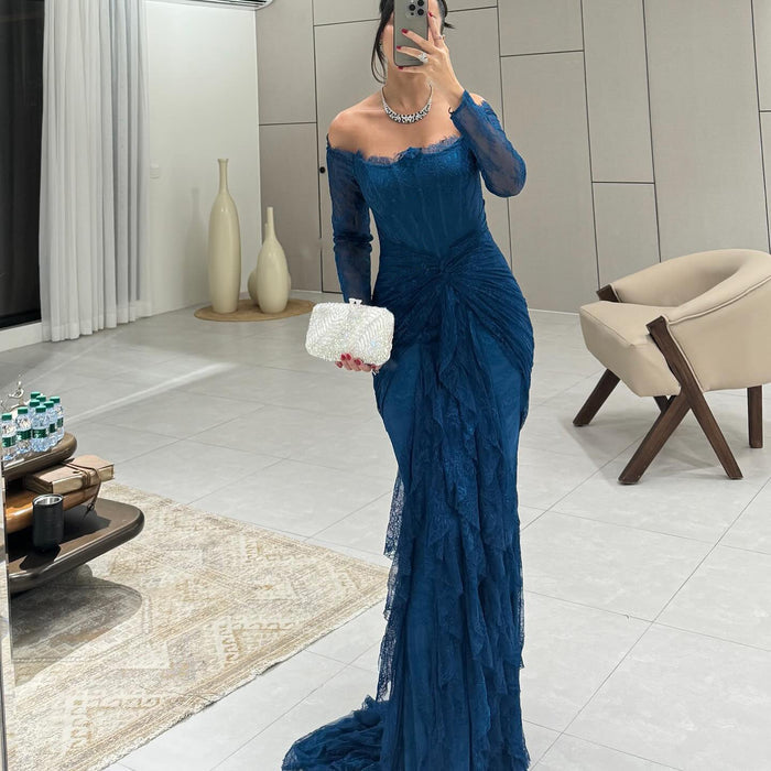 Elegant Blue Off Shoulder Lace Evening Dress SD519