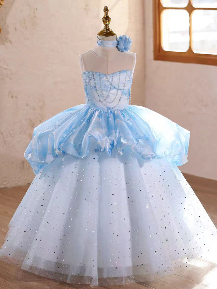 Elegant Blue Princess Girl Dress Pearl Embellished Birthday Party Gown D231