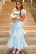 Elegant Blue Ruffles Short Sleeves Long Formal Prom Dress