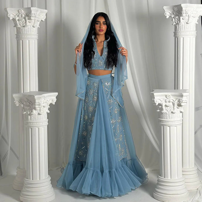 Elegant Blue Two-Piece Beaded Evening Gown with Ruffle Skirt SS597