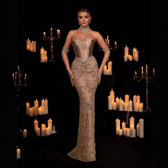 Elegant Champagne Beaded Evening Dress with Scarf Gloves SS069
