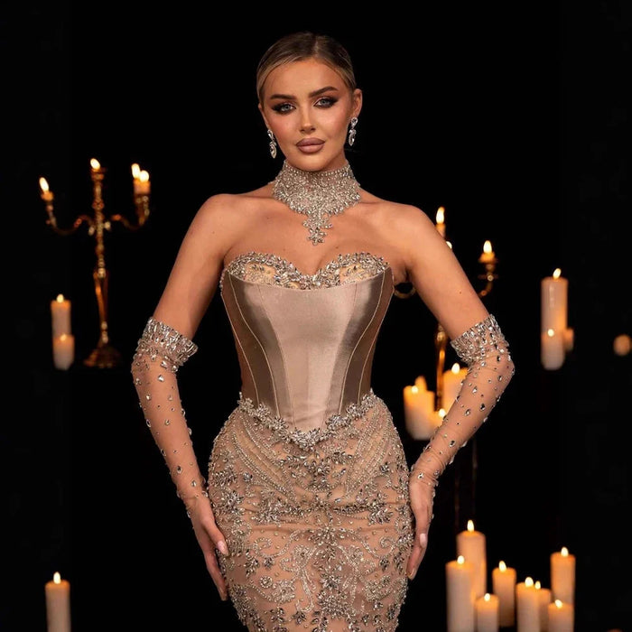 Elegant Champagne Beaded Evening Dress with Scarf Gloves SS069