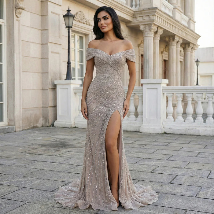 Elegant Champagne Sequin Bead Off-Shoulder Evening Dress SS007-DreamyVow