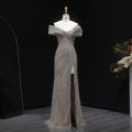 Elegant Champagne Sequin Bead Off-Shoulder Evening Dress SS007-DreamyVow