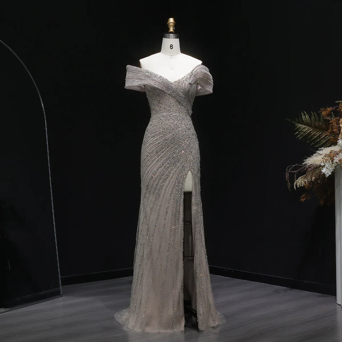 Elegant Champagne Sequin Bead Off-Shoulder Evening Dress SS007-DreamyVow