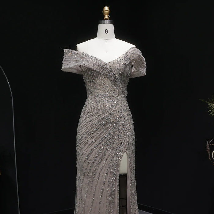 Elegant Champagne Sequin Bead Off-Shoulder Evening Dress SS007-DreamyVow
