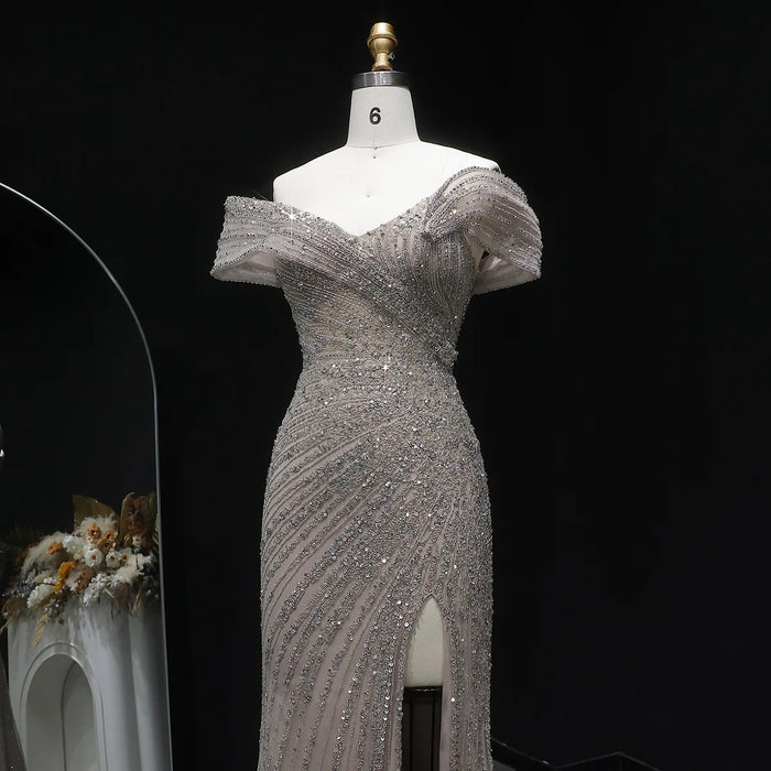Elegant Champagne Sequin Bead Off-Shoulder Evening Dress SS007-DreamyVow