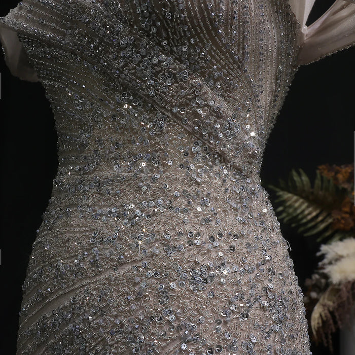 Elegant Champagne Sequin Bead Off-Shoulder Evening Dress SS007-DreamyVow