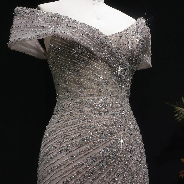 Elegant Champagne Sequin Bead Off-Shoulder Evening Dress SS007-DreamyVow