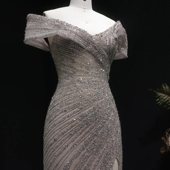 Elegant Champagne Sequin Bead Off-Shoulder Evening Dress SS007-DreamyVow