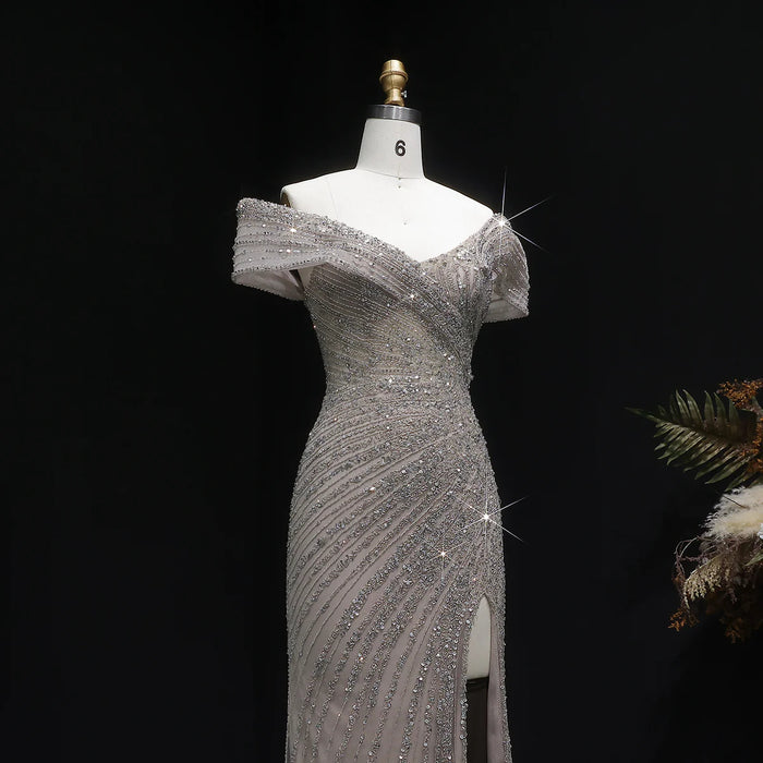 Elegant Champagne Sequin Bead Off-Shoulder Evening Dress SS007-DreamyVow