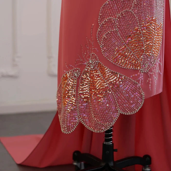 Elegant Coral Pink Scalloped Arabic Evening Dress SS471