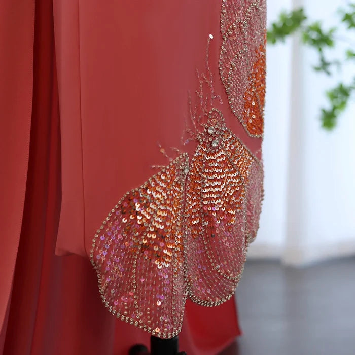 Elegant Coral Pink Scalloped Arabic Evening Dress SS471