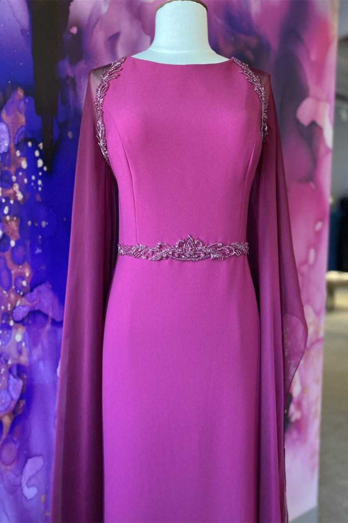 Elegant Crew-Neck Belted Long Formal Gown with Attached Train