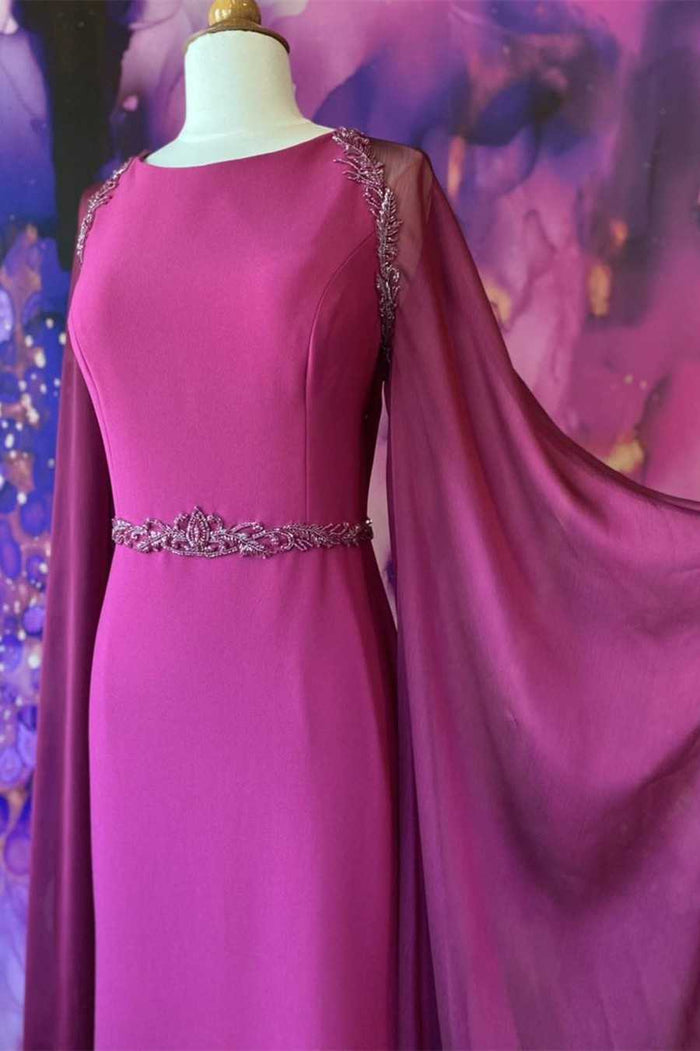 Elegant Crew-Neck Belted Long Formal Gown with Attached Train