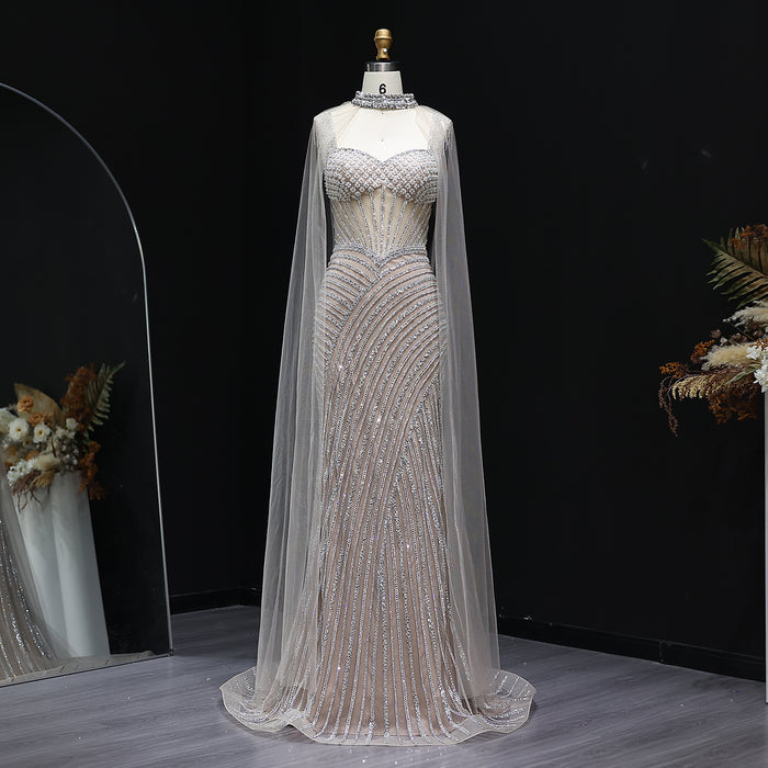 Elegant Crystal Lilac Evening Dress with Cape SS070