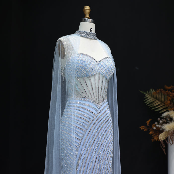 Elegant Crystal Lilac Evening Dress with Cape SS070