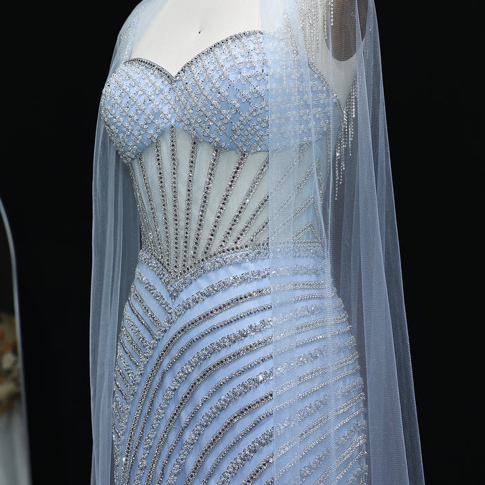 Elegant Crystal Lilac Evening Dress with Cape SS070