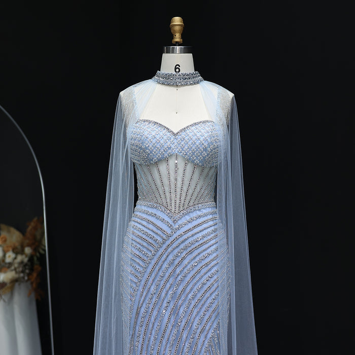 Elegant Crystal Lilac Evening Dress with Cape SS070