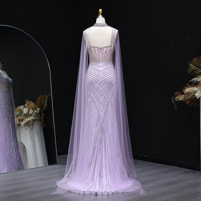 Elegant Crystal Lilac Evening Dress with Cape SS070