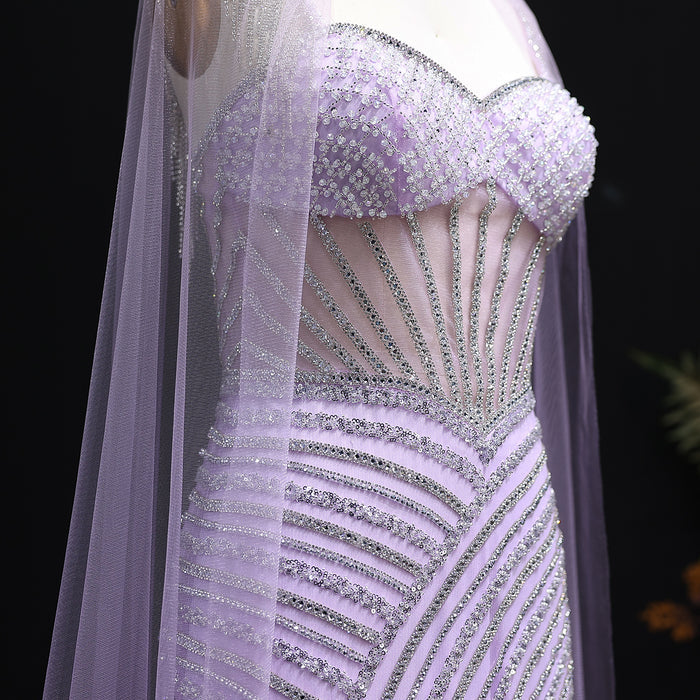 Elegant Crystal Lilac Evening Dress with Cape SS070