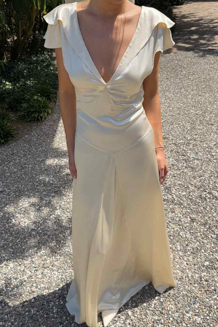 Elegant Deep V-Neck Straps Pleats Satin Backless Long Prom Dress