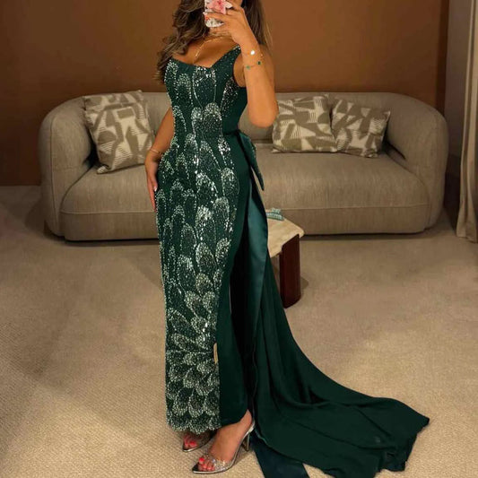 Elegant Emerald Green Beaded Gown with Bow Train Evening Dress SS648-DreamyVow