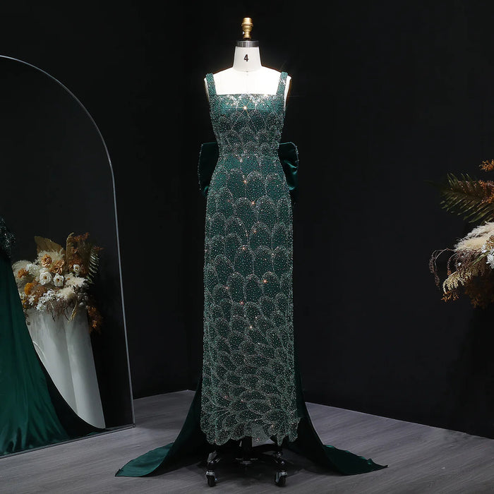 Elegant Emerald Green Beaded Gown with Bow Train Evening Dress SS648-DreamyVow