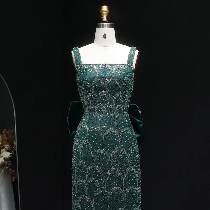 Elegant Emerald Green Beaded Gown with Bow Train Evening Dress SS648-DreamyVow