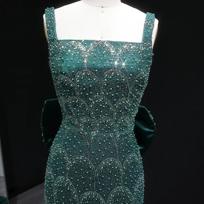 Elegant Emerald Green Beaded Gown with Bow Train Evening Dress SS648-DreamyVow